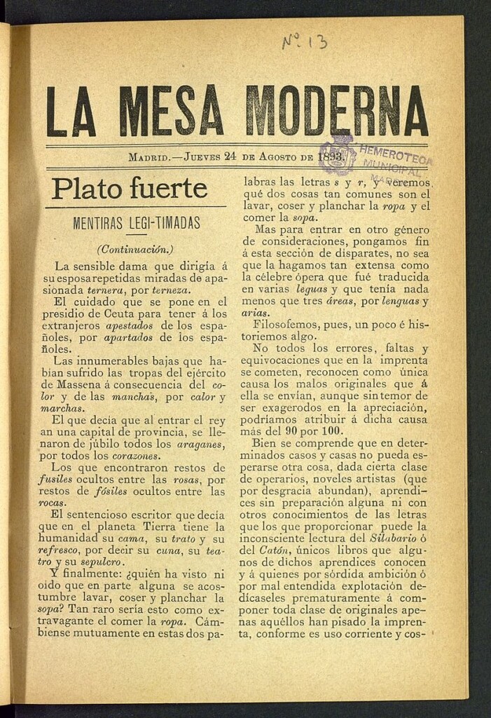 Miniatura de La Mesa Moderna: gastronomía, higiene y embellecimiento, arte culinario, trato social...del 24 de agosto de 1893, nº 13
