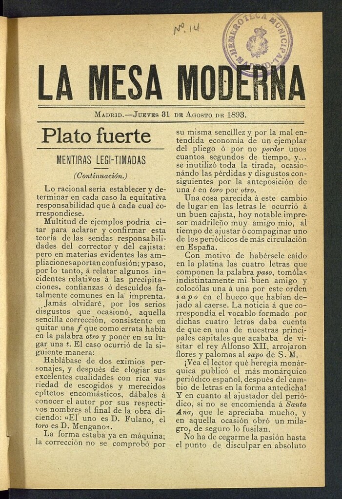 Miniatura de La Mesa Moderna: gastronomía, higiene y embellecimiento, arte culinario, trato social...del 31 de agosto de 1893, nº 14