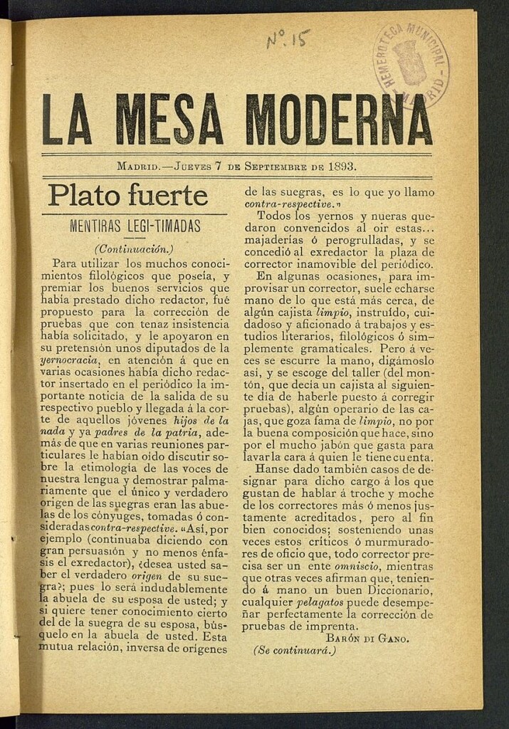 Miniatura de La Mesa Moderna: gastronomía, higiene y embellecimiento, arte culinario, trato social...del 7 de septiembre de 1893, nº 15