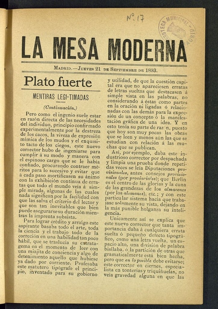Miniatura de La Mesa Moderna: gastronomía, higiene y embellecimiento, arte culinario, trato social... del 21 de septiembre de 1893, nº 17