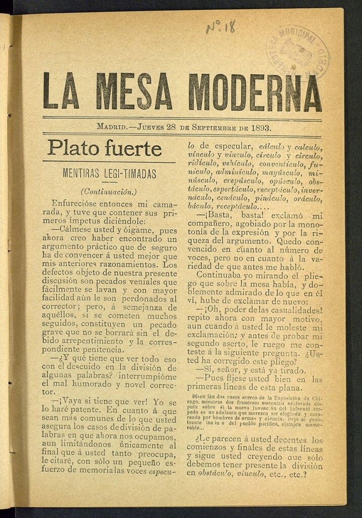 Miniatura de La Mesa Moderna: gastronomía, higiene y embellecimiento, arte culinario, trato social...del 28 de septiembre de 1893, nº 18