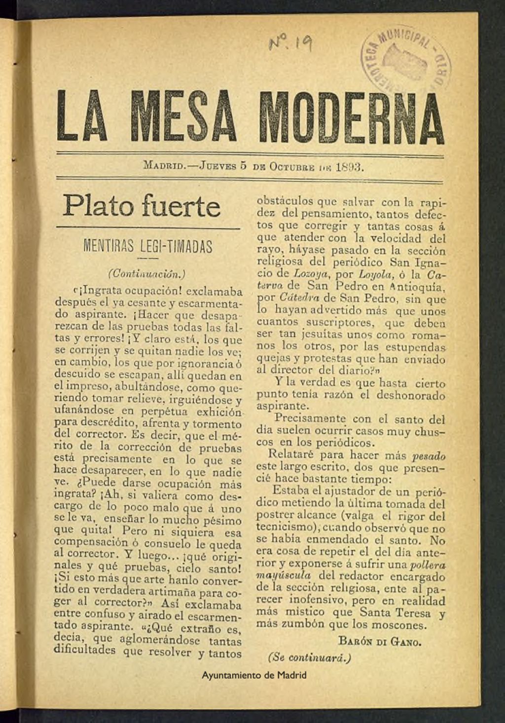 Miniatura de La Mesa Moderna: gastronomía, higiene y embellecimiento, arte culinario, trato social...del 5 de octubre de 1893, nº 19