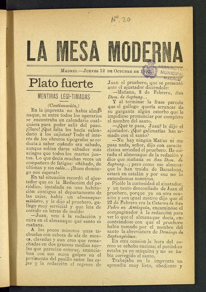 Miniatura de La Mesa Moderna: gastronomía, higiene y embellecimiento, arte culinario, trato social...del 12 de octubre de 1893, nº 20
