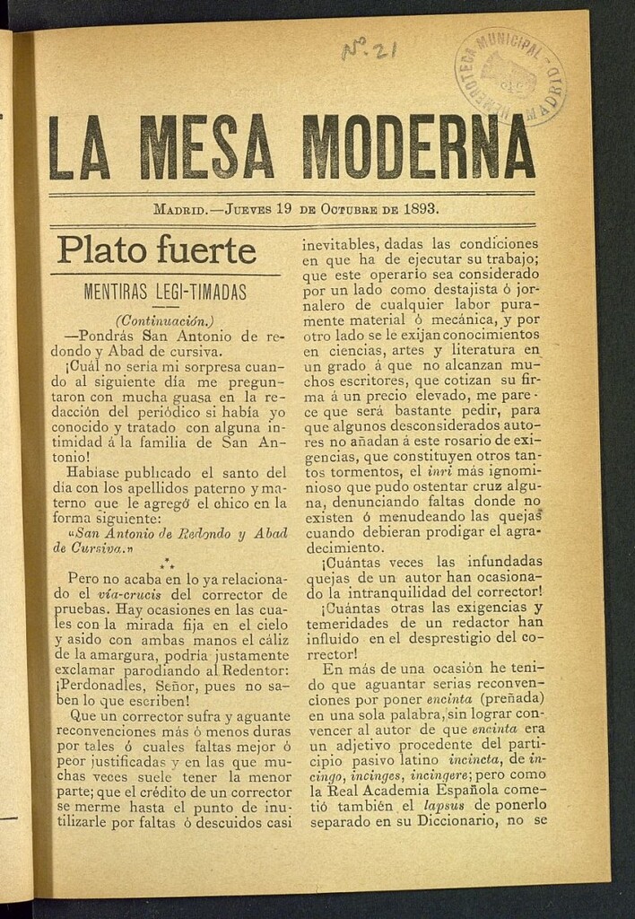 Miniatura de La Mesa Moderna: gastronomía, higiene y embellecimiento, arte culinario, trato social...del 19 de octubre de 1893, nº 21