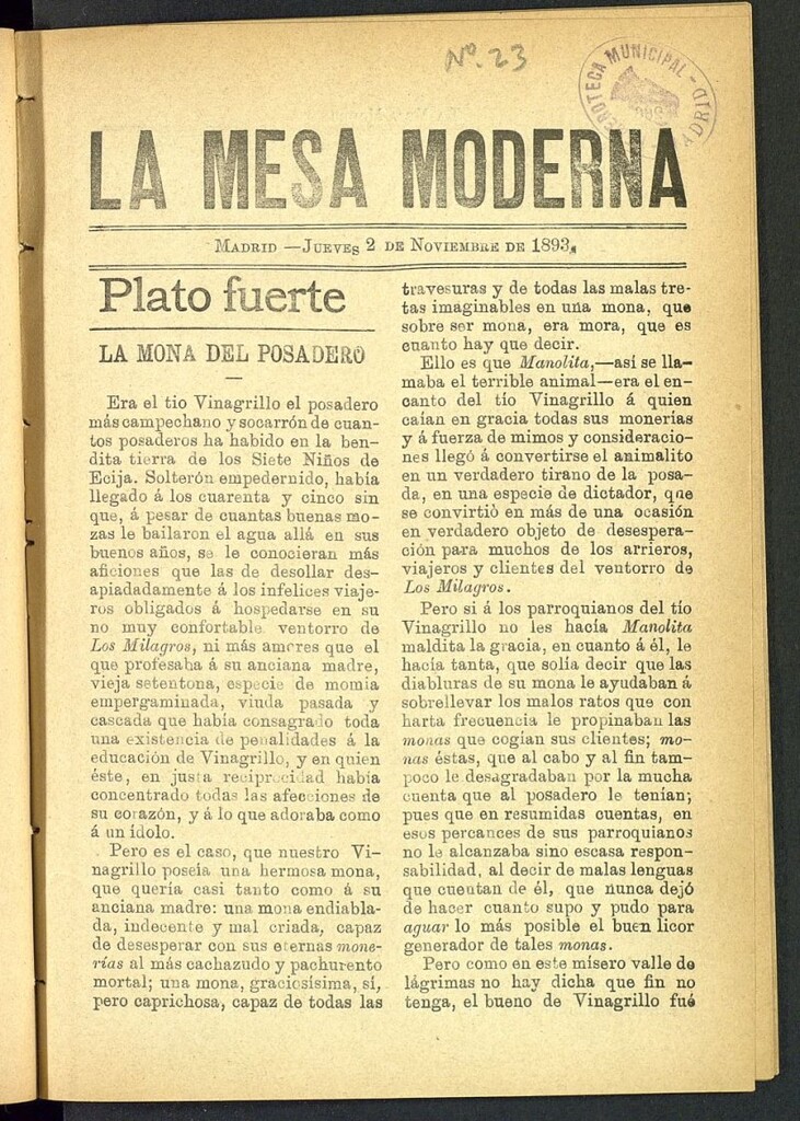 Miniatura de La Mesa Moderna: gastronomía, higiene y embellecimiento, arte culinario, trato social... del 2 de noviembre de 1893, nº 23