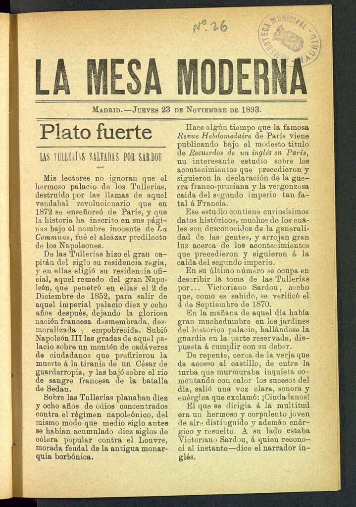 Miniatura de La Mesa Moderna: gastronomía, higiene y embellecimiento, arte culinario, trato social... del 23 de noviembre de 1893, nº 26