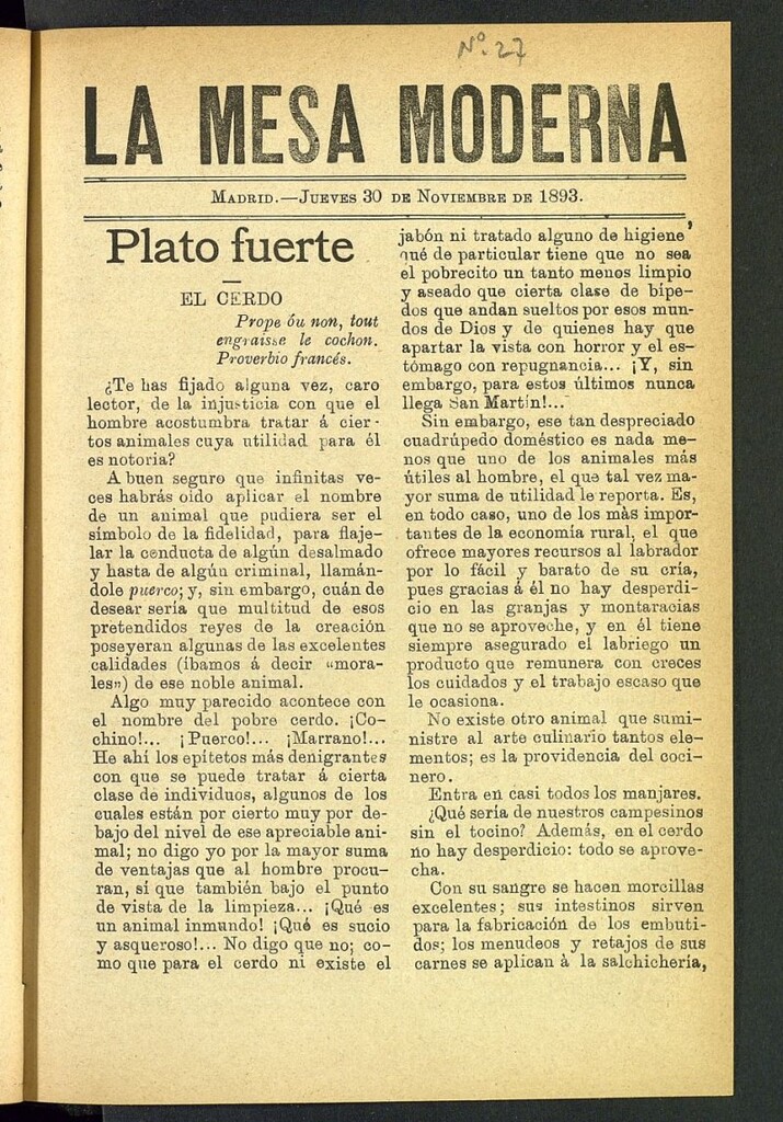 Miniatura de La Mesa Moderna: gastronomía, higiene y embellecimiento, arte culinario, trato social... del 30 de noviembre de 1893, nº 27