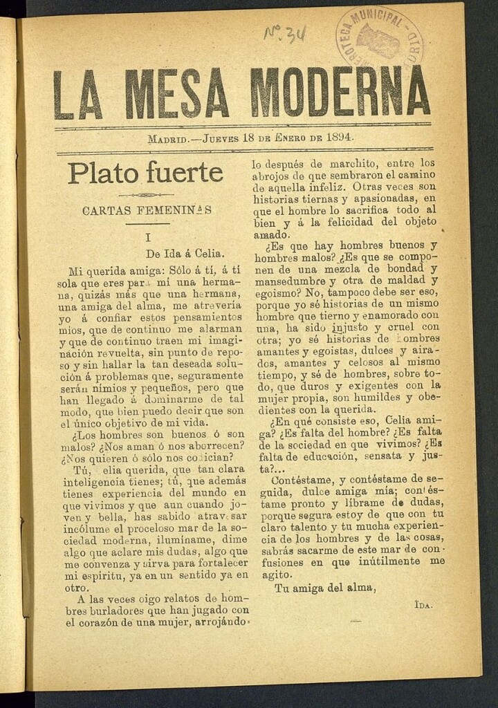 Miniatura de La Mesa Moderna: gastronomía, higiene y embellecimiento, arte culinario, trato social... del 18 de enero de 1894, nº 34