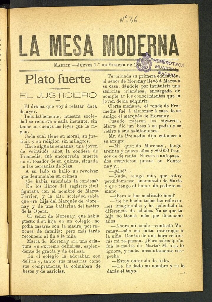 Miniatura de La Mesa Moderna: gastronomía, higiene y embellecimiento, arte culinario, trato social... del 1 de febrero de 1894, nº 36