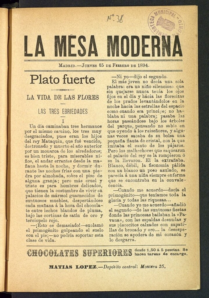 Miniatura de La Mesa Moderna: gastronomía, higiene y embellecimiento, arte culinario, trato social...del 15 de febrero de 1894, nº 38