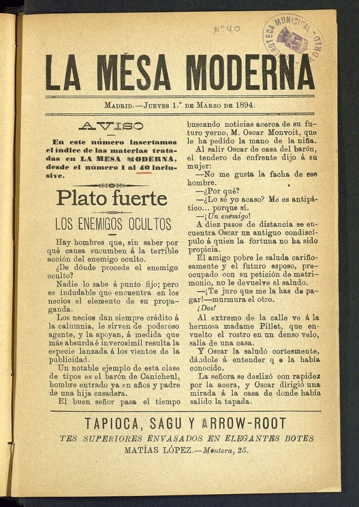 Miniatura de La Mesa Moderna: gastronomía, higiene y embellecimiento, arte culinario, trato social... del 1 de marzo de 1894, nº 40