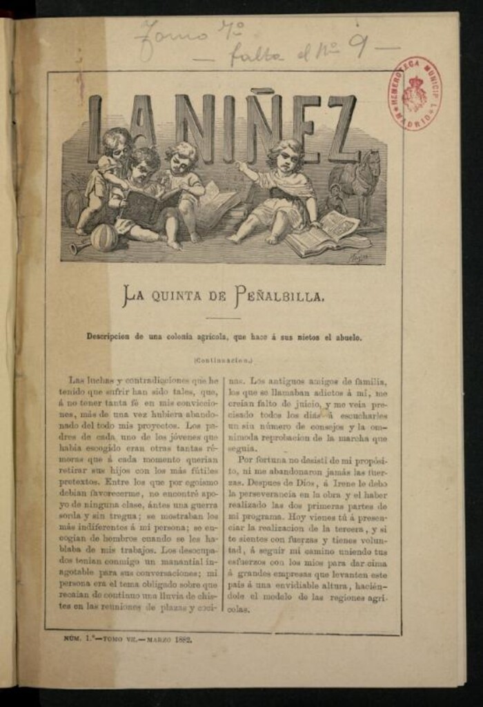 Miniatura de La Niñez, Tomo VII de marzo de 1882, nº 1