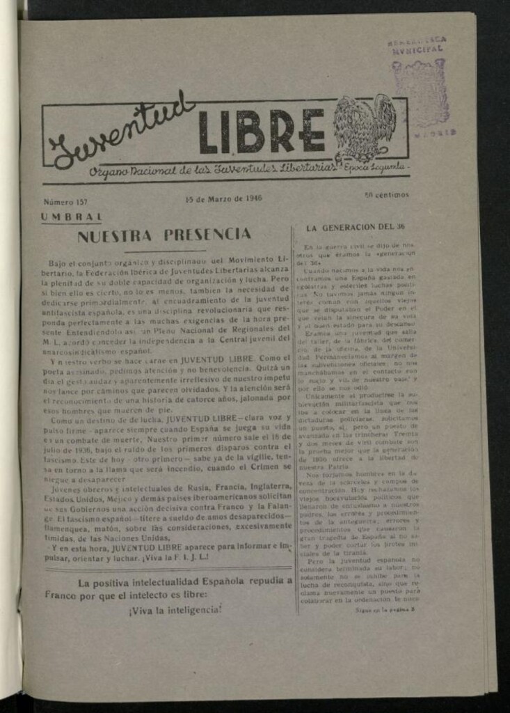 Miniatura de Juventud Libre : Órgano Nacional de las Juventudes Libertarias del 15 de marzo de 1946, nº 157.