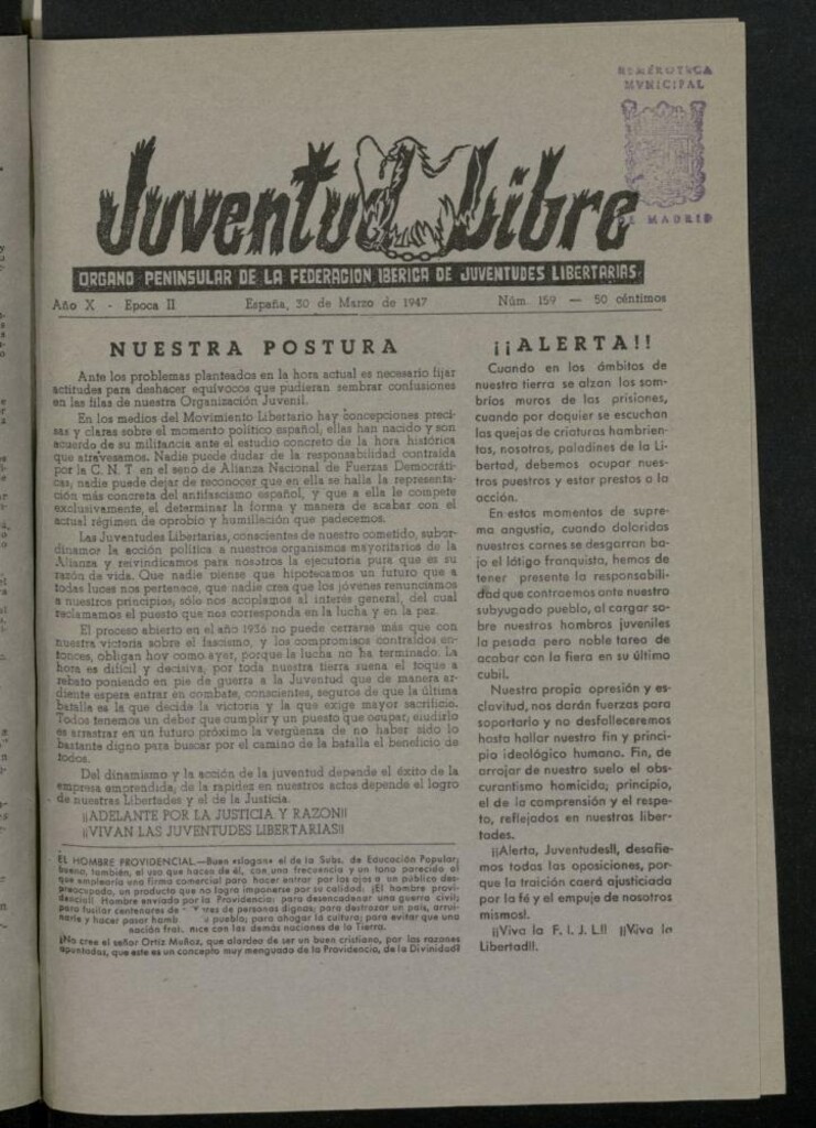 Miniatura de Juventud Libre : Órgano Nacional de las Juventudes Libertarias del 30 de marzo de 1947, nº 159.