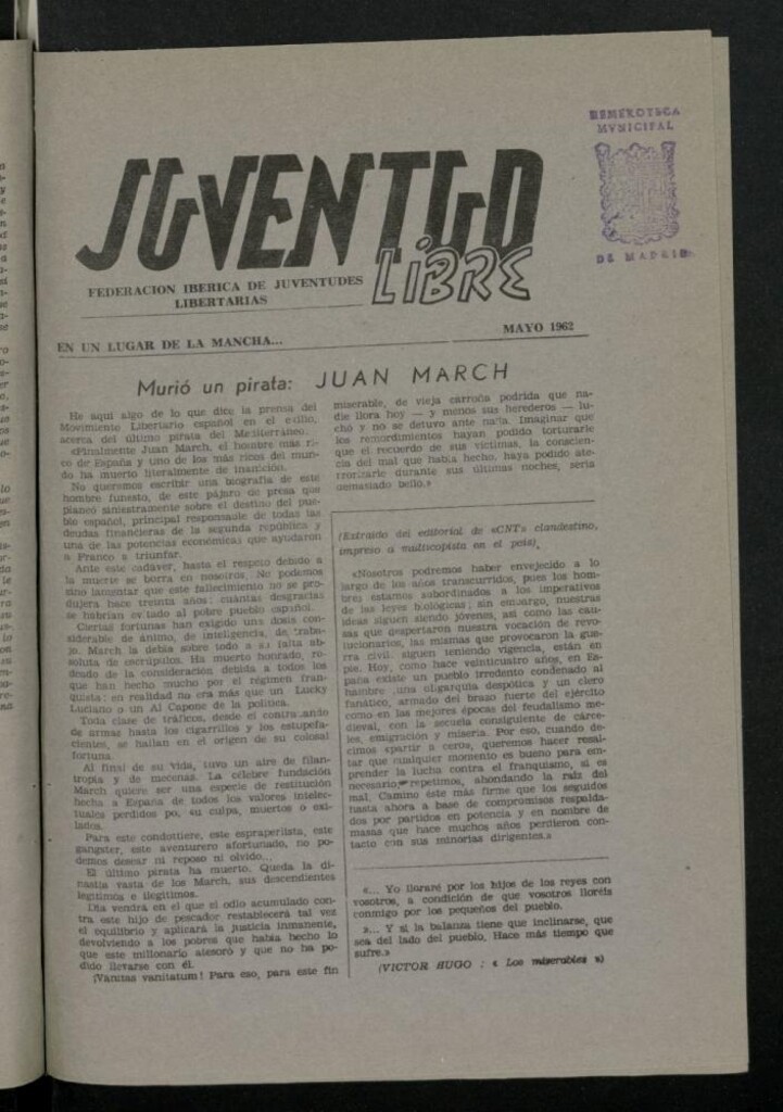 Miniatura de Juventud Libre : Órgano Nacional de las Juventudes Libertarias de mayo de 1962.