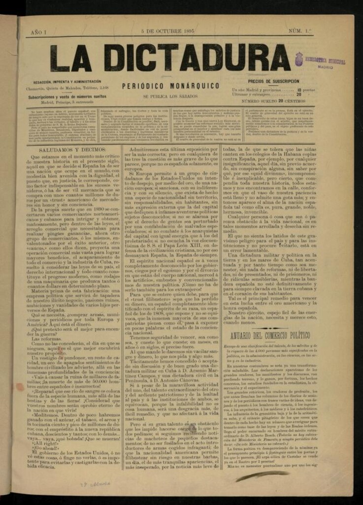 Miniatura de La Dictadura : periódico monárquico del 5 de octubre de 1895, nº 1.