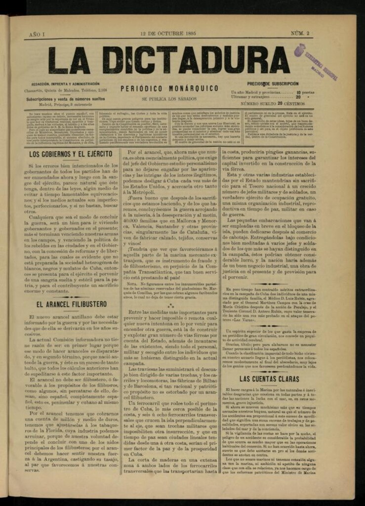 Miniatura de La Dictadura : periódico monárquico del 12 de octubre de 1895, nº 2.