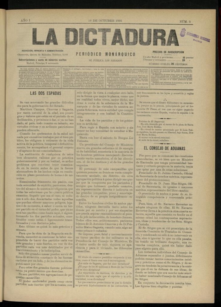 Miniatura de La Dictadura : periódico monárquico del 19 de octubre de 1895, nº 3.