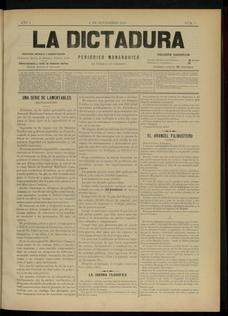 Miniatura de La Dictadura : periódico monárquico del 2 de noviembre de 1895, nº 5.