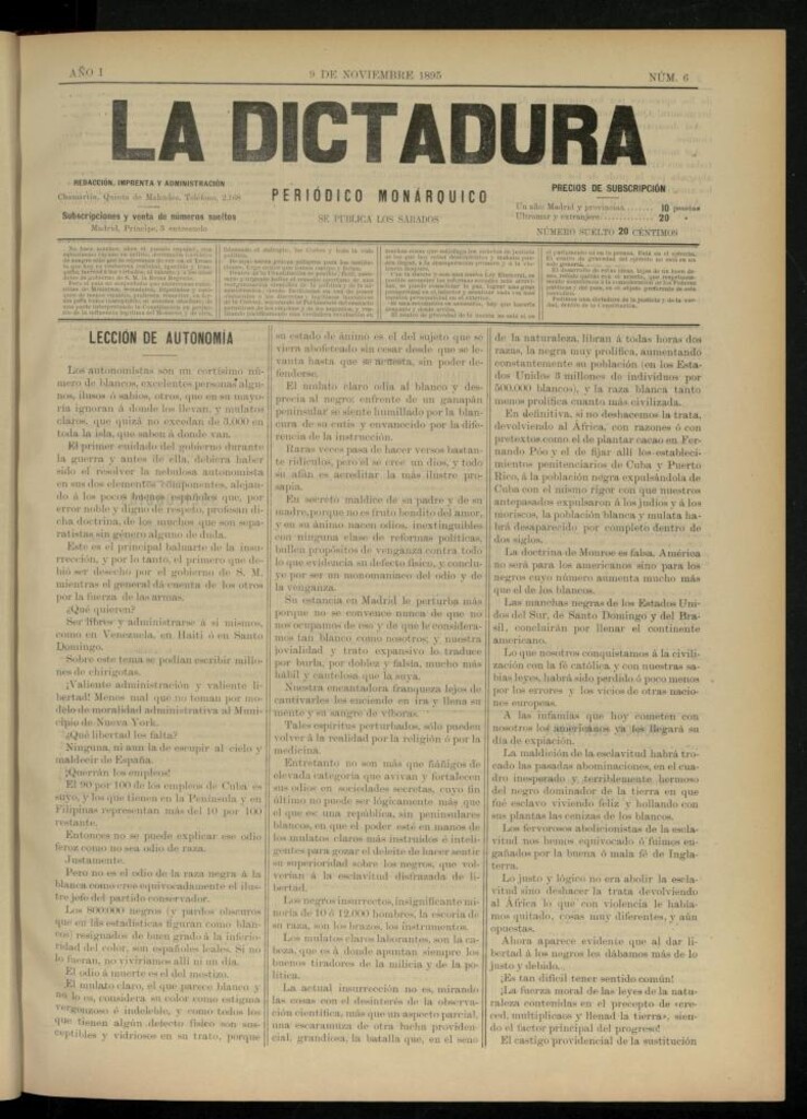 Miniatura de La Dictadura : periódico monárquico del 9 de noviembre de 1895, nº 6.