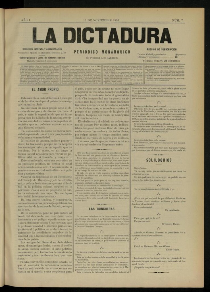 Miniatura de La Dictadura : periódico monárquico del 16 de noviembre de 1895, nº 7.