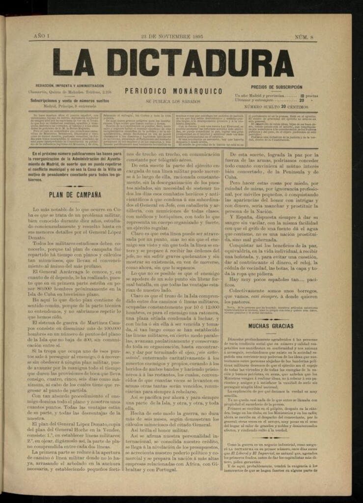 Miniatura de La Dictadura : periódico monárquico del 23 de noviembre de 1895, nº 8.