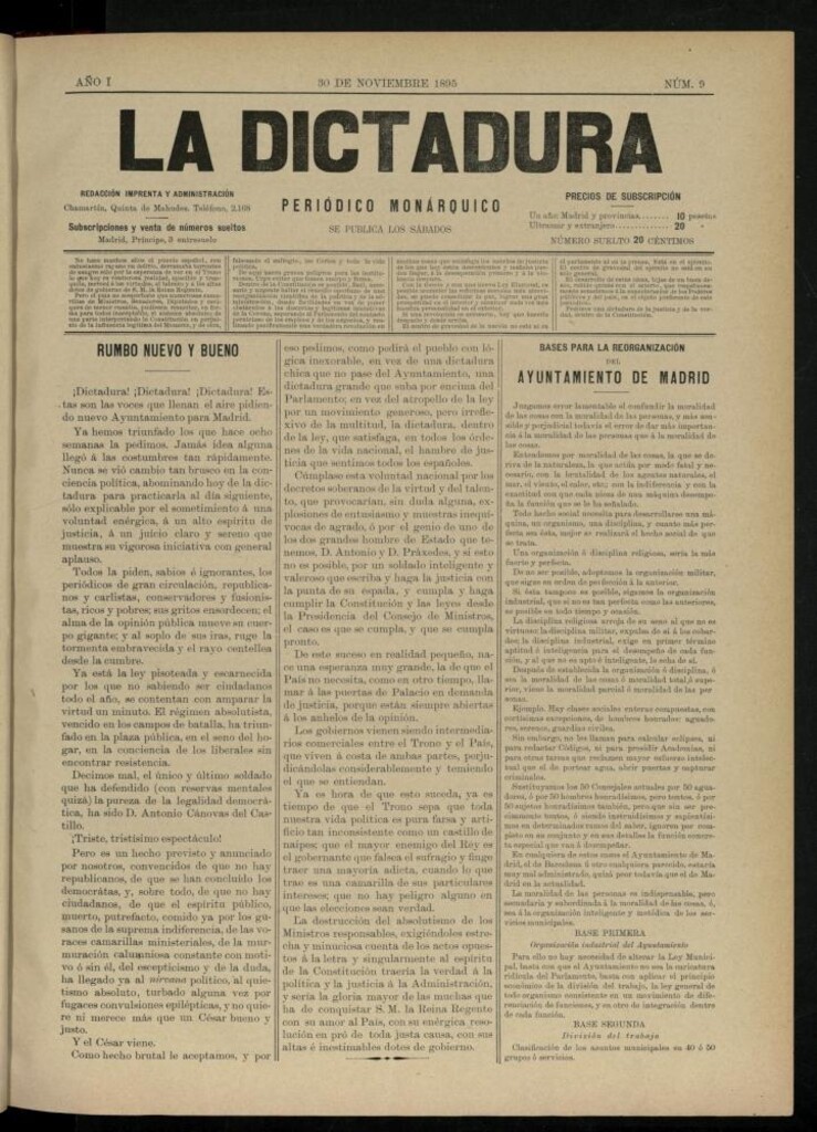 Miniatura de La Dictadura : periódico monárquico del 30 de noviembre de 1895, nº 9.