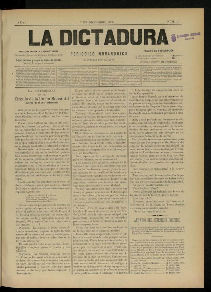 Miniatura de La Dictadura : periódico monárquico del 7 de diciembre de 1895, nº 10.