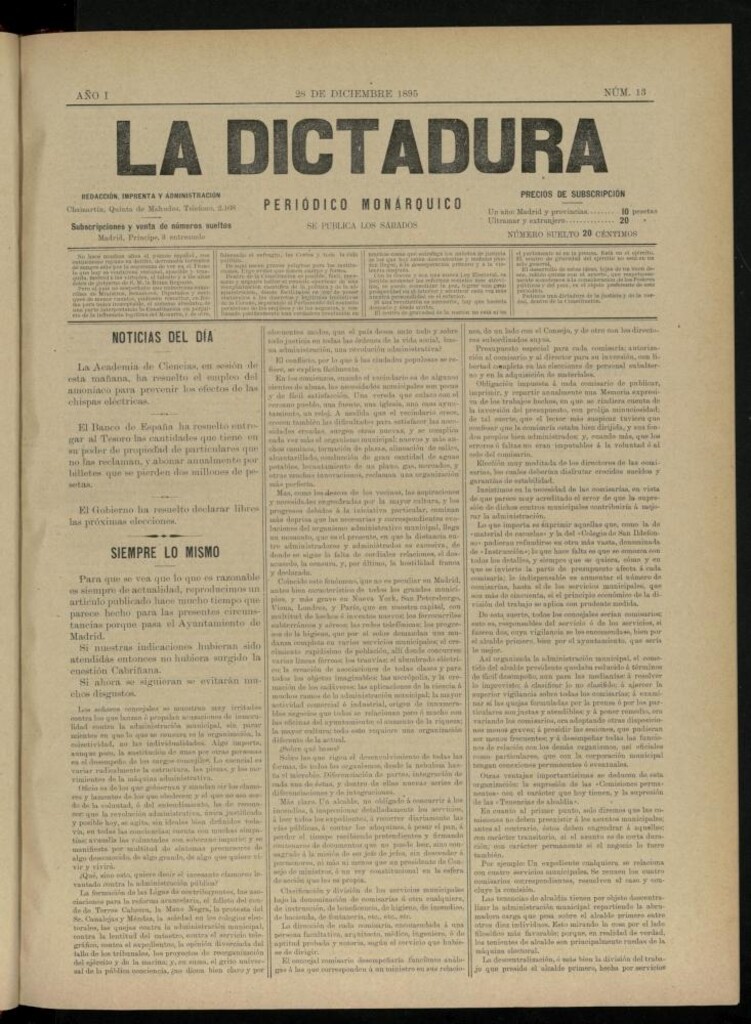 Miniatura de La Dictadura : periódico monárquico del 28 de diciembre de 1895, nº 13.