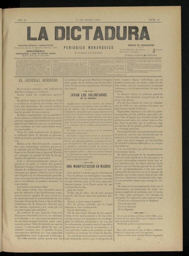 Miniatura de La Dictadura : periódico monárquico del 11 de enero de 1896, nº 15.