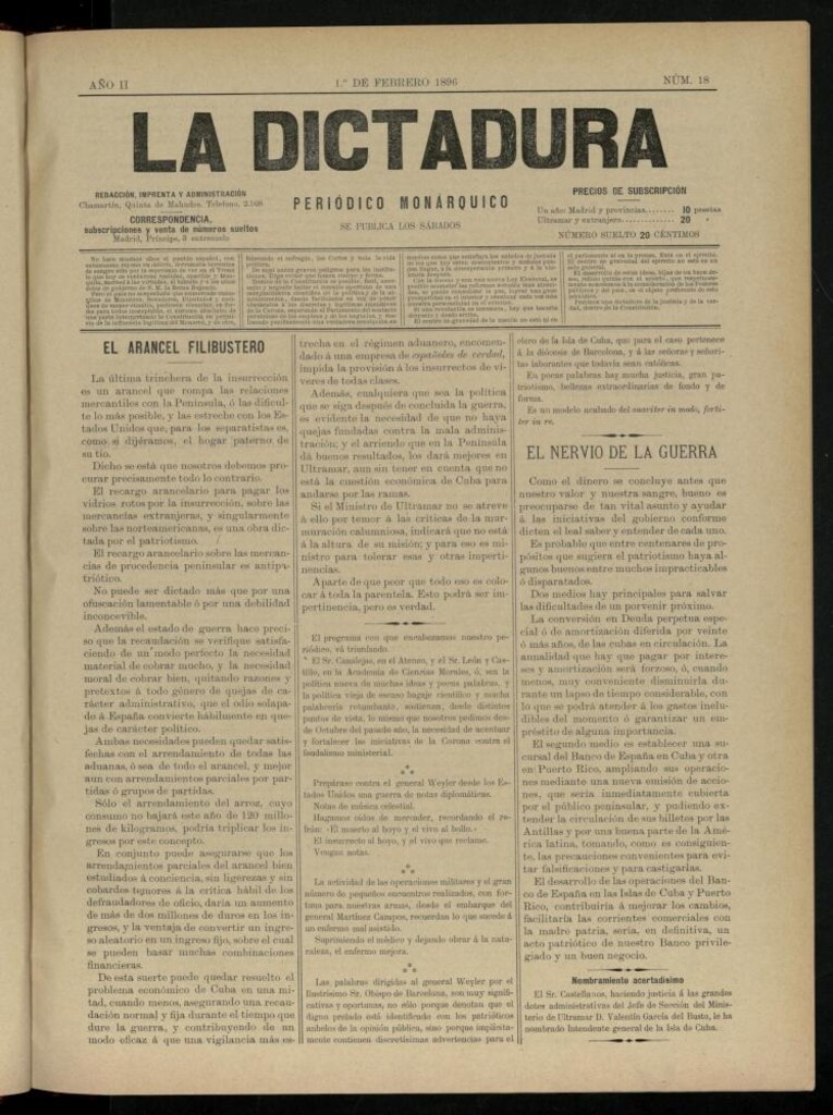Miniatura de La Dictadura : periódico monárquico del 1 de febrero de 1896, nº 18.