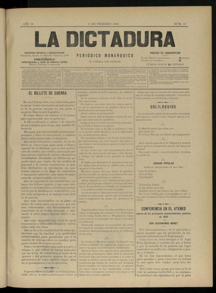 Miniatura de La Dictadura : periódico monárquico del 8 de febrero de 1896, nº 19.