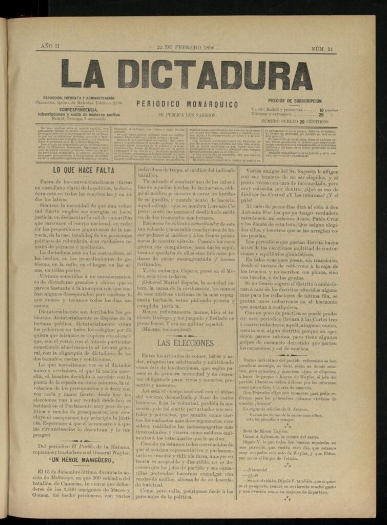 Miniatura de La Dictadura : periódico monárquico del 22 de febrero de 1896, nº 21.