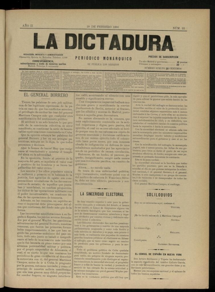 Miniatura de La Dictadura : periódico monárquico del 29 de febrero de 1896, nº 22.