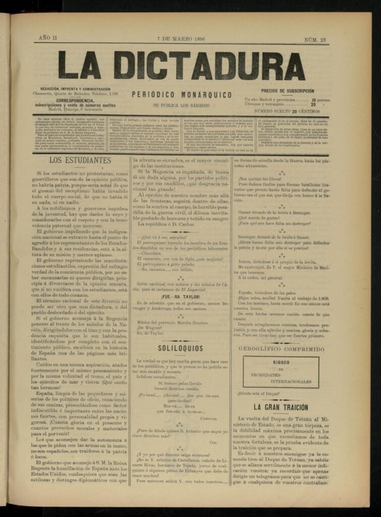 Miniatura de La Dictadura : periódico monárquico del 7 de marzo de 1896, nº 23.