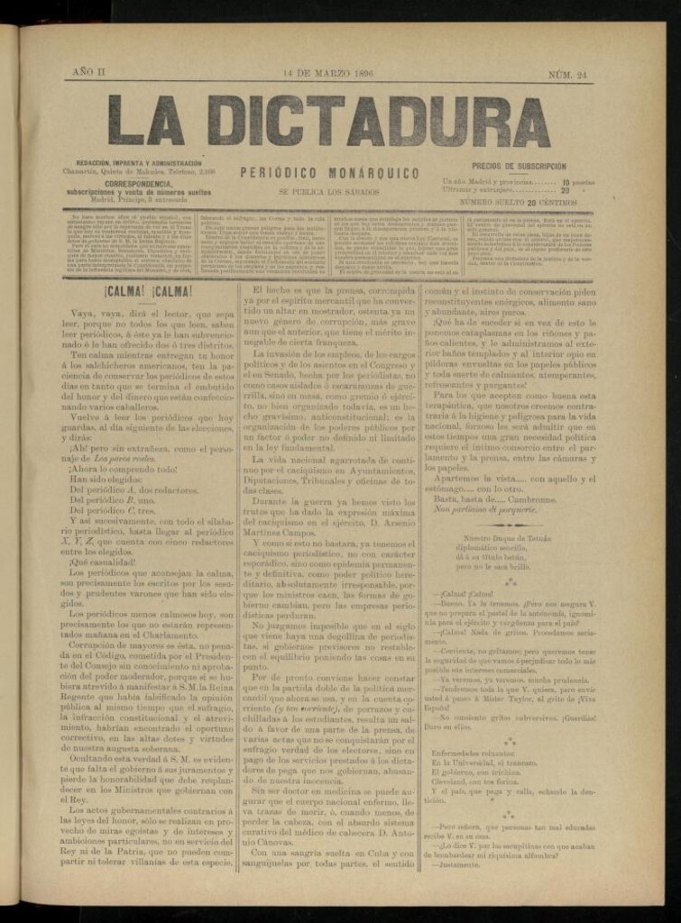 Miniatura de La Dictadura : periódico monárquico del 14 de marzo de 1896, nº 24.