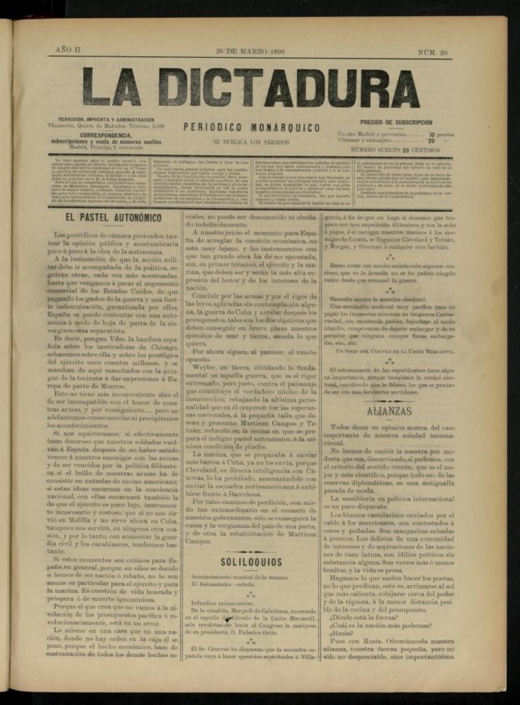 Miniatura de La Dictadura : periódico monárquico del 28 de marzo de 1896, nº 26.