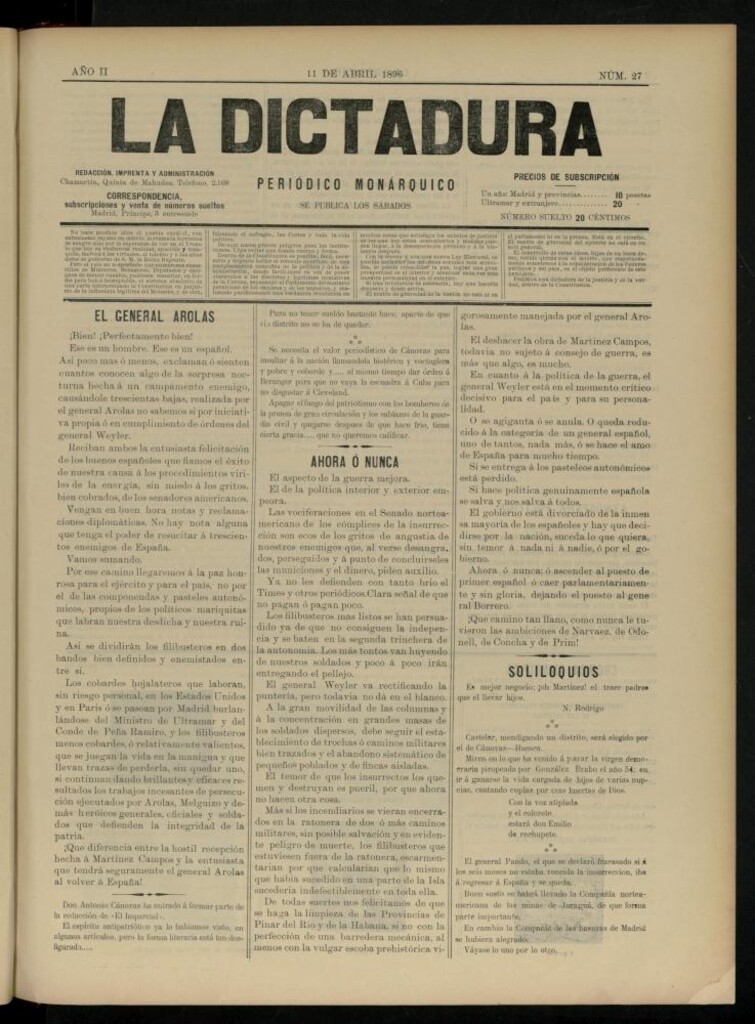 Miniatura de La Dictadura : periódico monárquico del 11 de abril de 1896, nº 27.