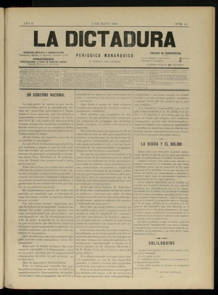 Miniatura de La Dictadura : periódico monárquico del 2 de mayo de 1896, nº 30.
