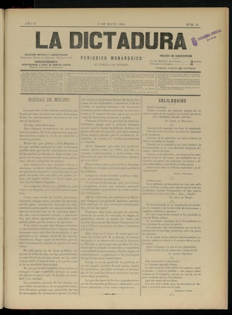 Miniatura de La Dictadura : periódico monárquico del 9 de mayo de 1896, nº 31.