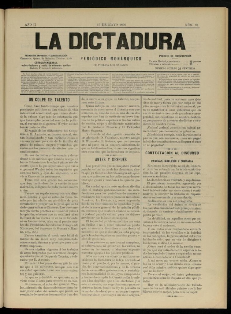 Miniatura de La Dictadura : periódico monárquico del 16 de mayo de 1896, nº 32.