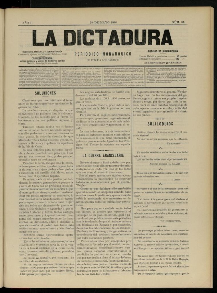 Miniatura de La Dictadura : periódico monárquico del 23 de mayo de 1896, nº 33.