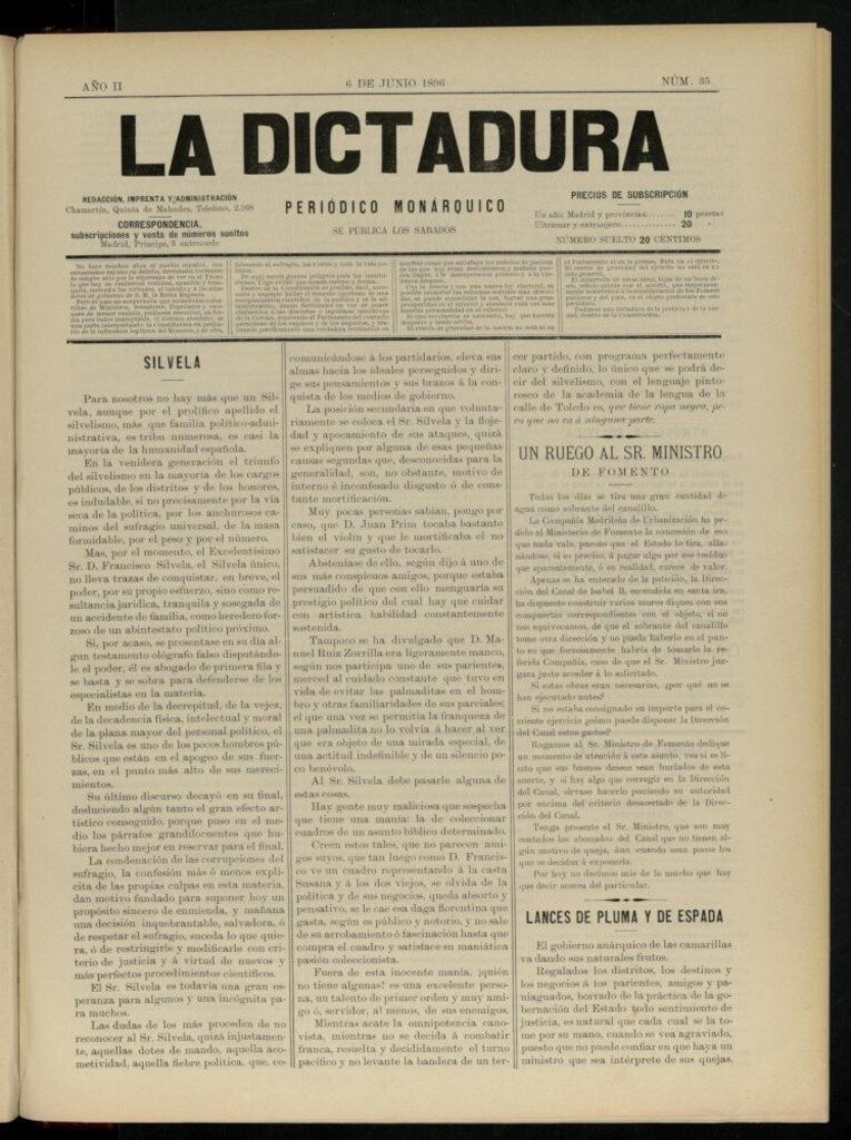 Miniatura de La Dictadura : periódico monárquico del 6 de junio de 1896, nº 35.