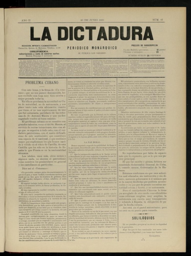 Miniatura de La Dictadura : periódico monárquico del 20 de junio de 1896, nº 37.