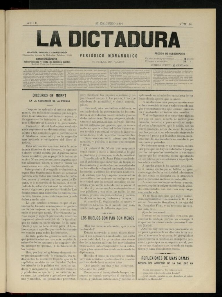 Miniatura de La Dictadura : periódico monárquico del 27 de junio de 1896, nº 38.