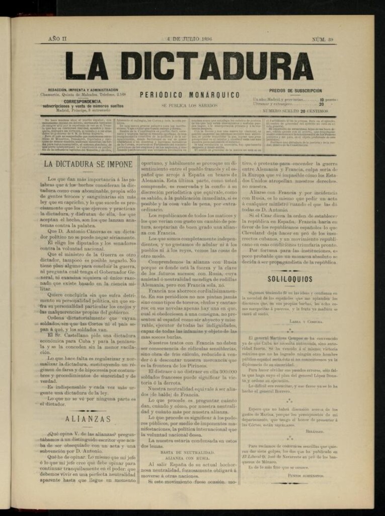 Miniatura de La Dictadura : periódico monárquico del 4 de julio de 1896, nº 39.