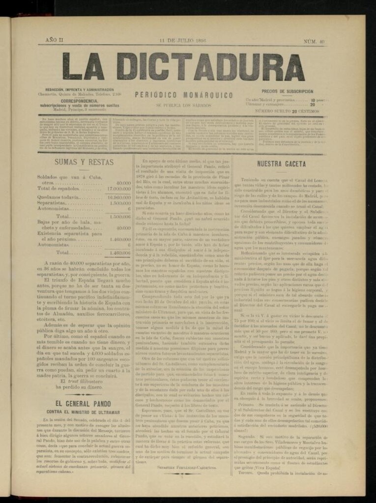 Miniatura de La Dictadura : periódico monárquico del 11 de julio de 1896, nº 40.