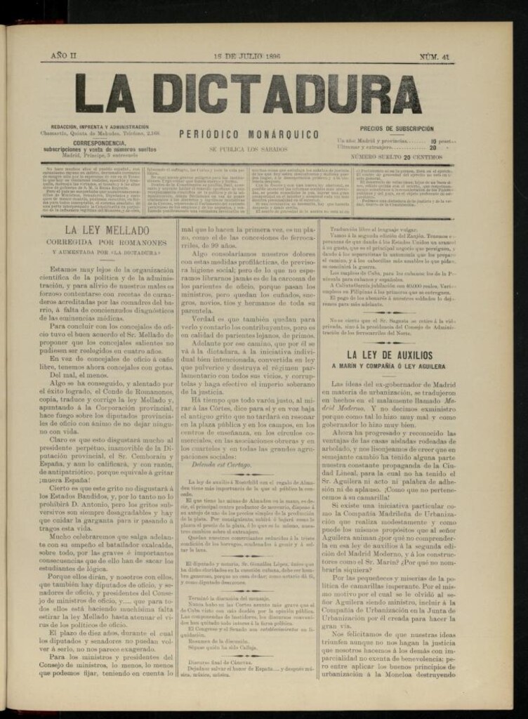 Miniatura de La Dictadura : periódico monárquico del 18 de julio de 1896, nº 41.