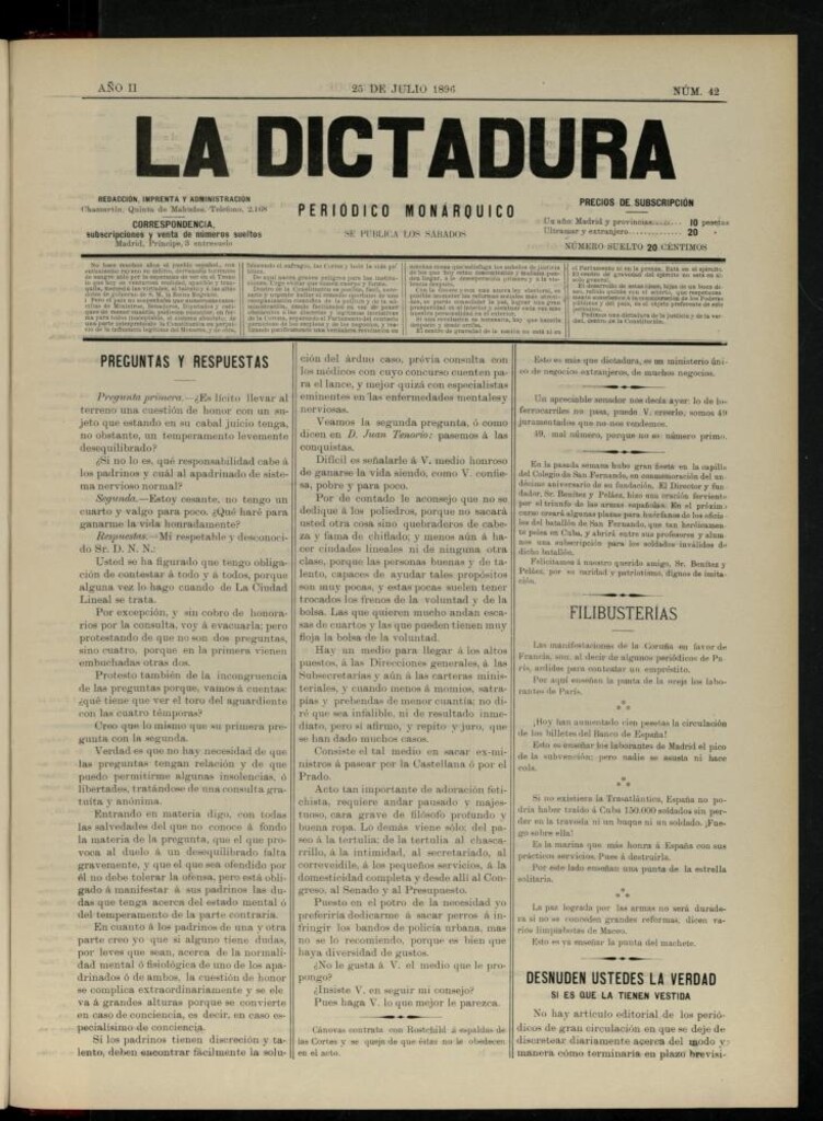 Miniatura de La Dictadura : periódico monárquico del 25 de julio de 1896, nº 42.