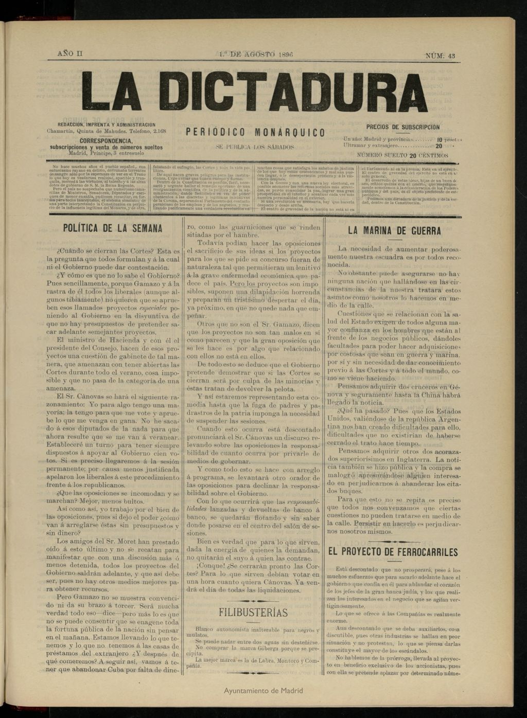 Miniatura de La Dictadura : periódico monárquico del 1 de agosto de 1896, nº 43.